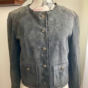 Suede Grey Chloe Jacket With Ruffles and Knot Buttons